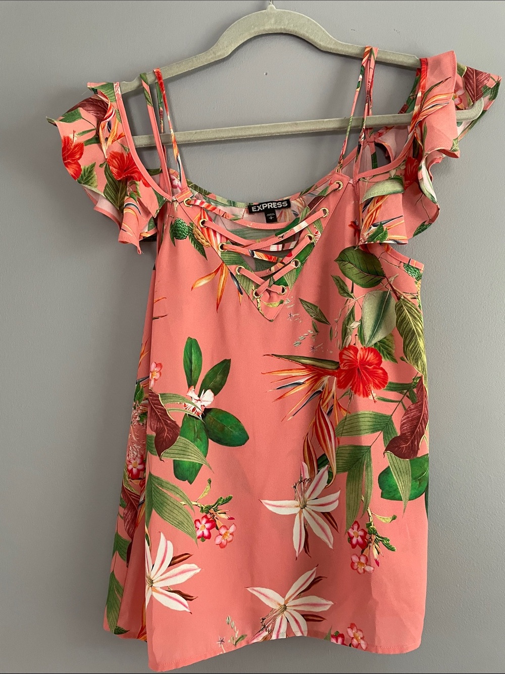Express Coral Pink Tropical Lace-Up Cold Shoulder Camisole